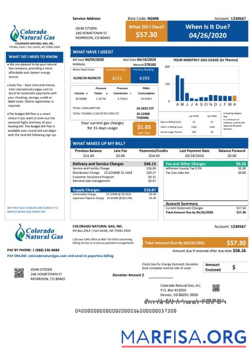 Realistic USA Colorado Natural Gas utility bill template in Word and PDF format